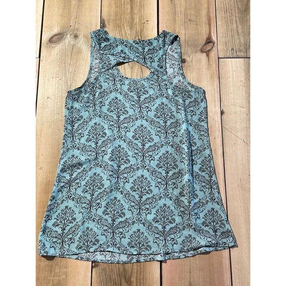 Francesca's Ikat Teal/Brown print tank top w/ back detail. Bird cage label.Small - Picture 5 of 5